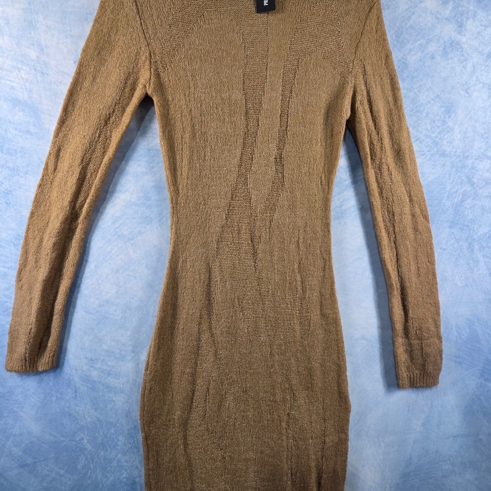PrettyLittleThing Womens Camel Knit‎ Open Back Mock Neck Maxi Dress Small NWT - Picture 5 of 8